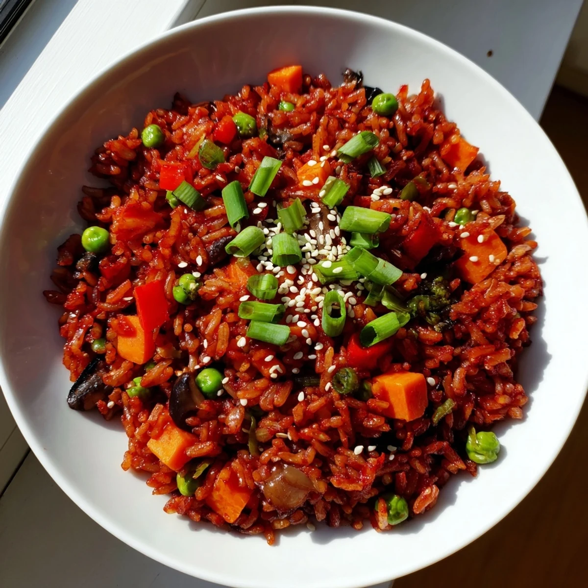 Steaming plate of spicy Korean-inspired vegan gochujang fried rice with vibrant red bell peppers and carrots