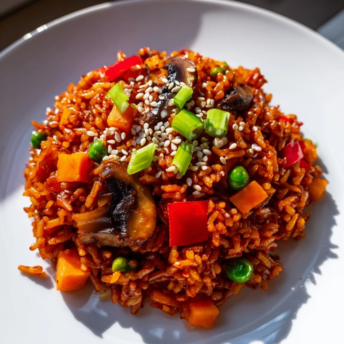Close-up of vegan gochujang fried rice featuring crisp vegetables and glossy red chili sauce coating each grain