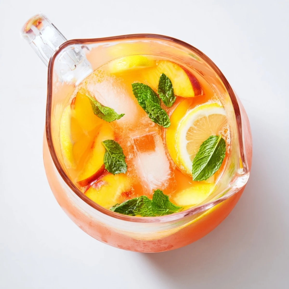 Golden refreshing peach lemonade drink garnished with fresh mint and peach slices in a glass pitcher