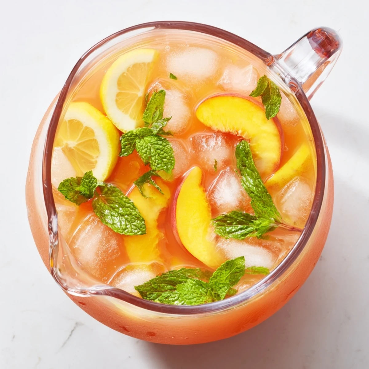 Thirst-quenching peach lemonade drink displaying bright orange peach purée swirled with zesty yellow lemonade in clear glasses