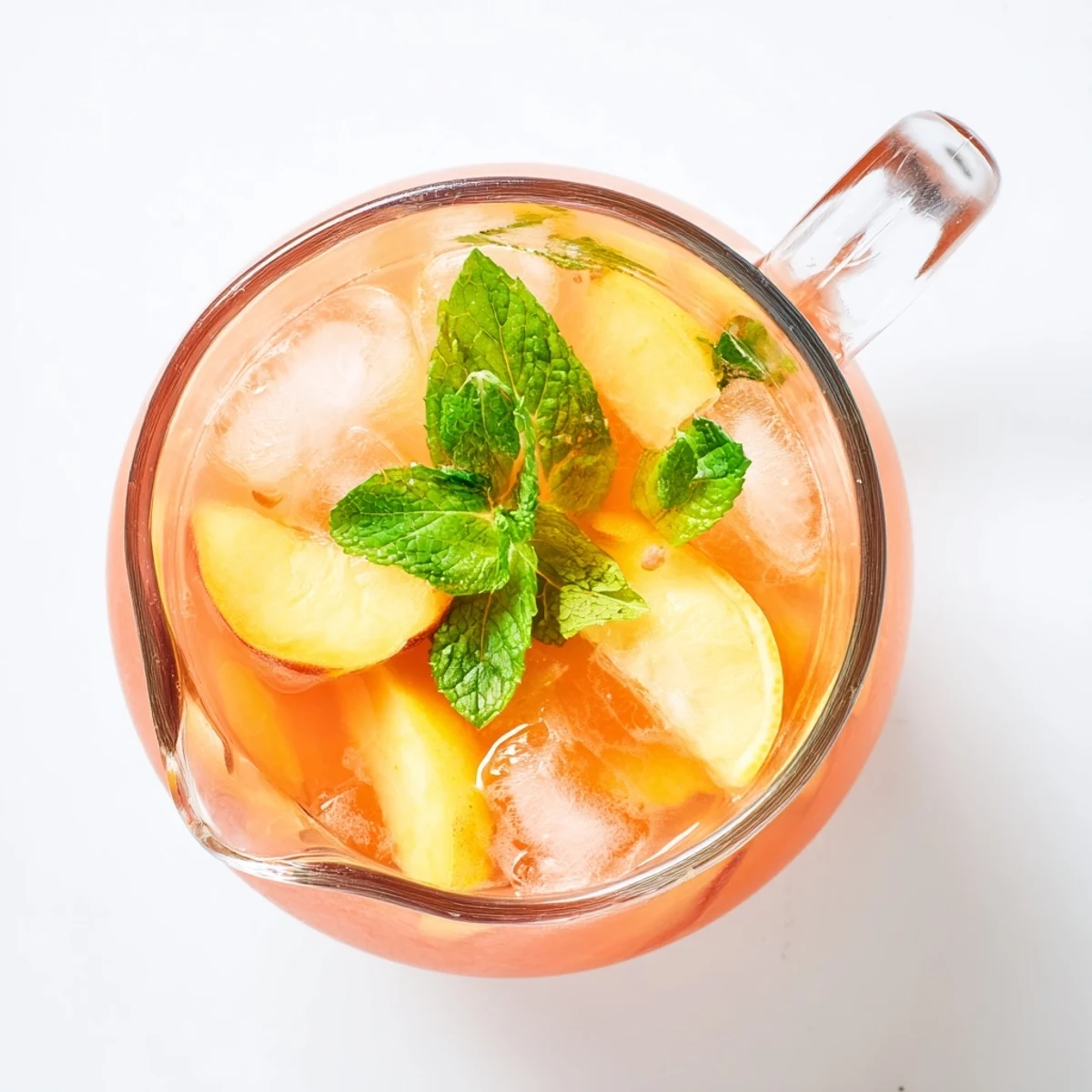 Vibrant summer peach lemonade drink served over ice with floating lemon wheels and fresh mint sprigs