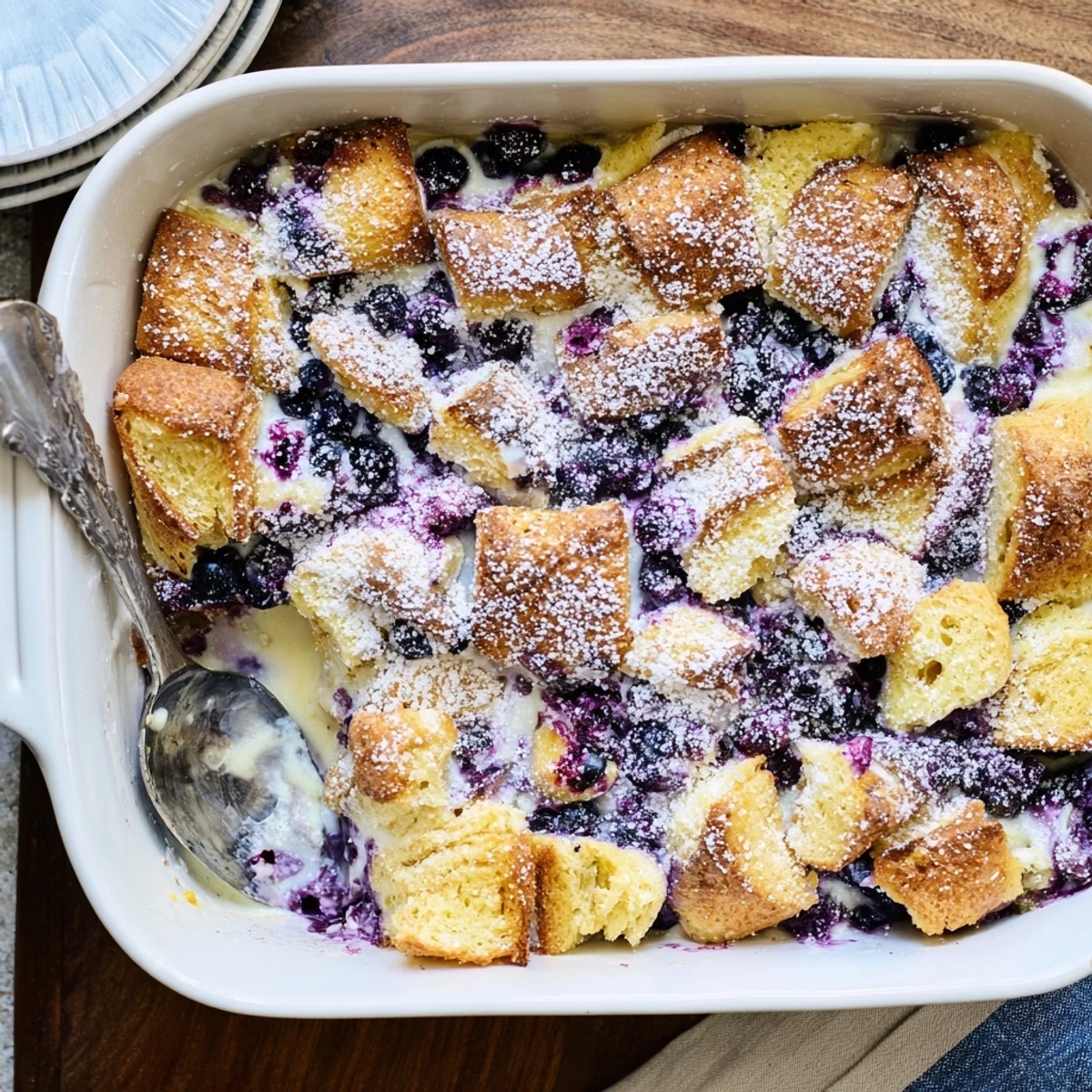 Golden blueberry cream cheese croissant casserole with buttery layers and powdered sugar topping