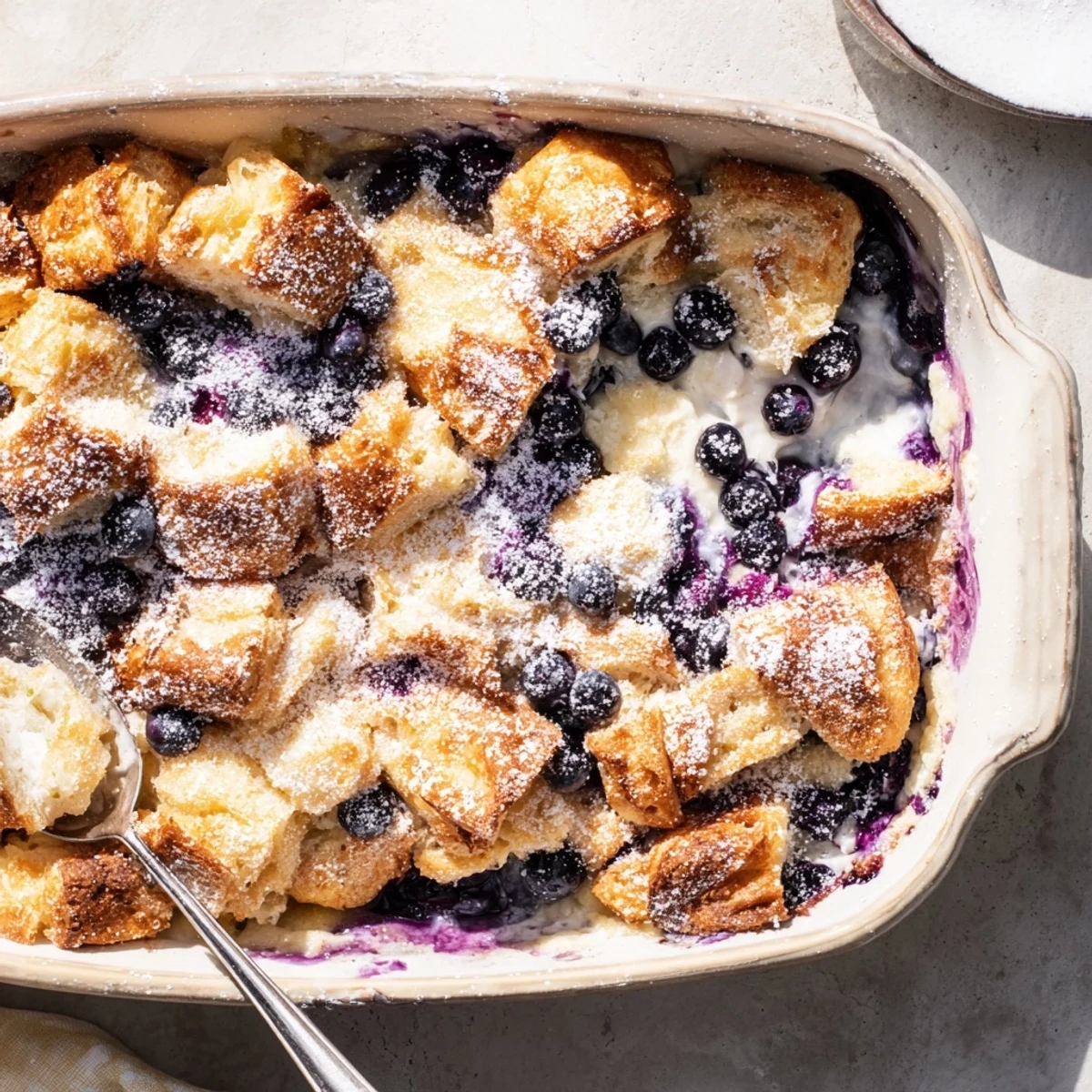 Warm blueberry cream cheese croissant casserole served with maple syrup and dusted sugar