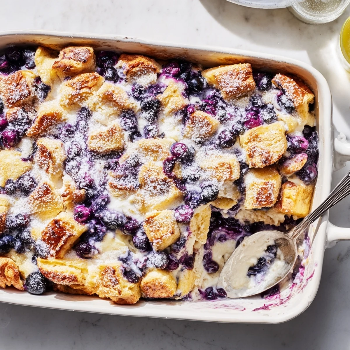 Bubbling breakfast casserole featuring croissants, sweet cream cheese swirls, and juicy blueberry bursts