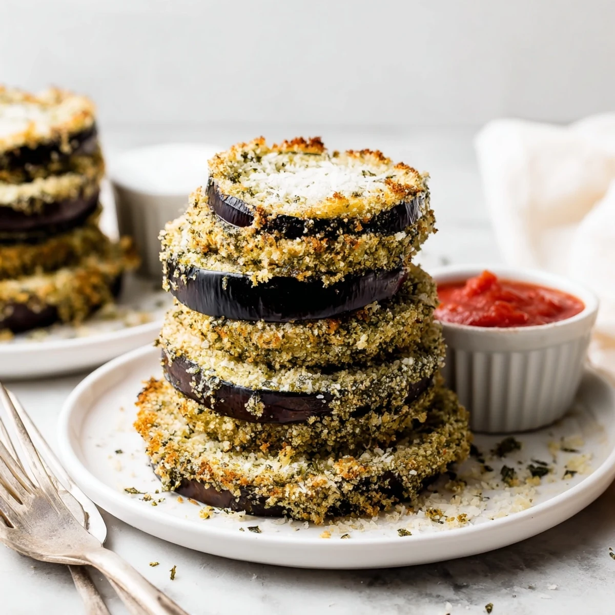 Crispy Baked Eggplant slices with golden herbed crust served with marinara