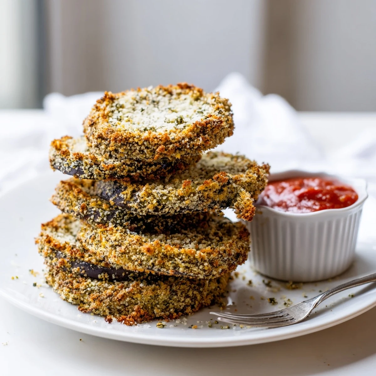Warm Crispy Baked Eggplant rounds, Parmesan speckled crumbs, ideal with yogurt dip