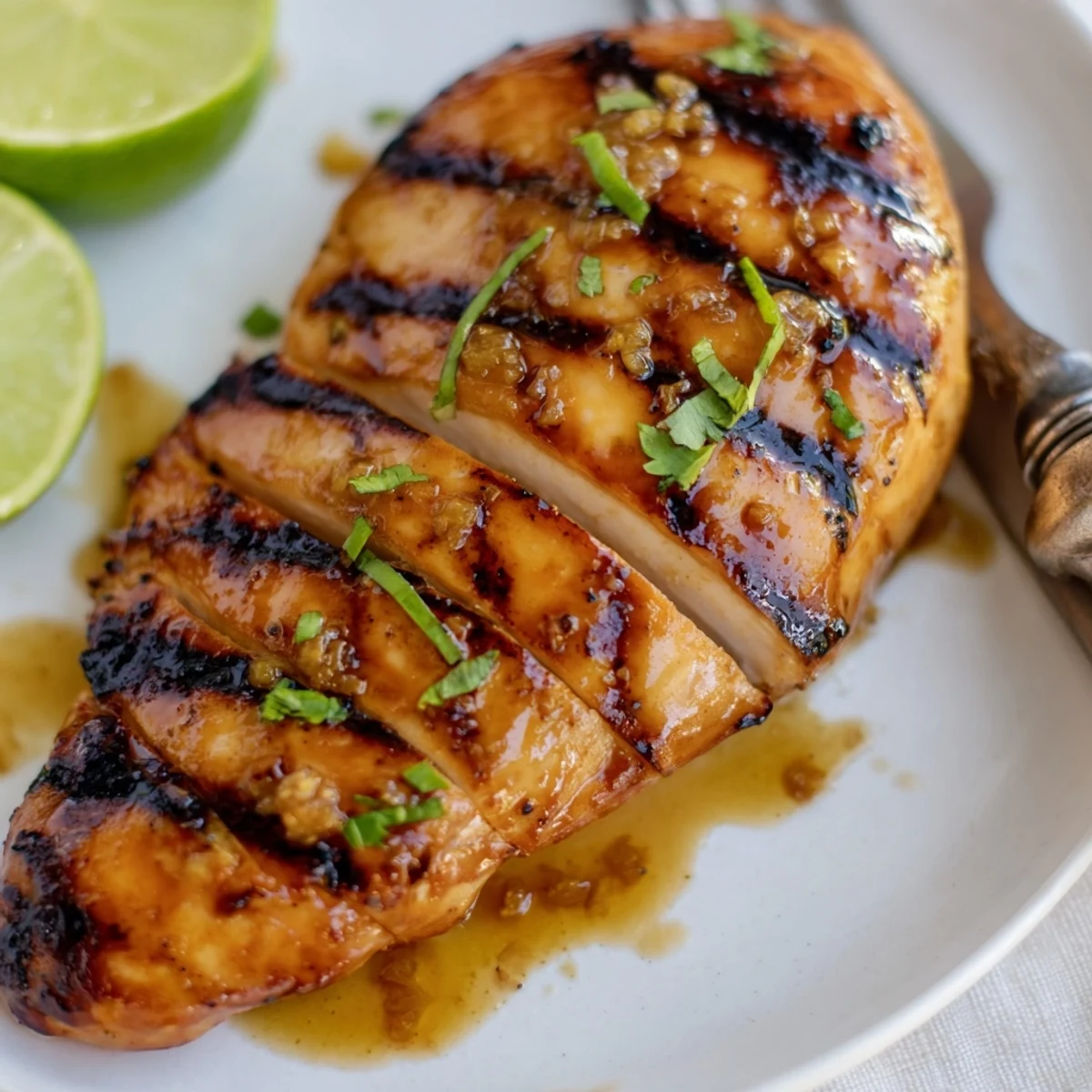 Key West Grilled Chicken With Tropical Citrus Marinade glistening, charred edges, lime wedges