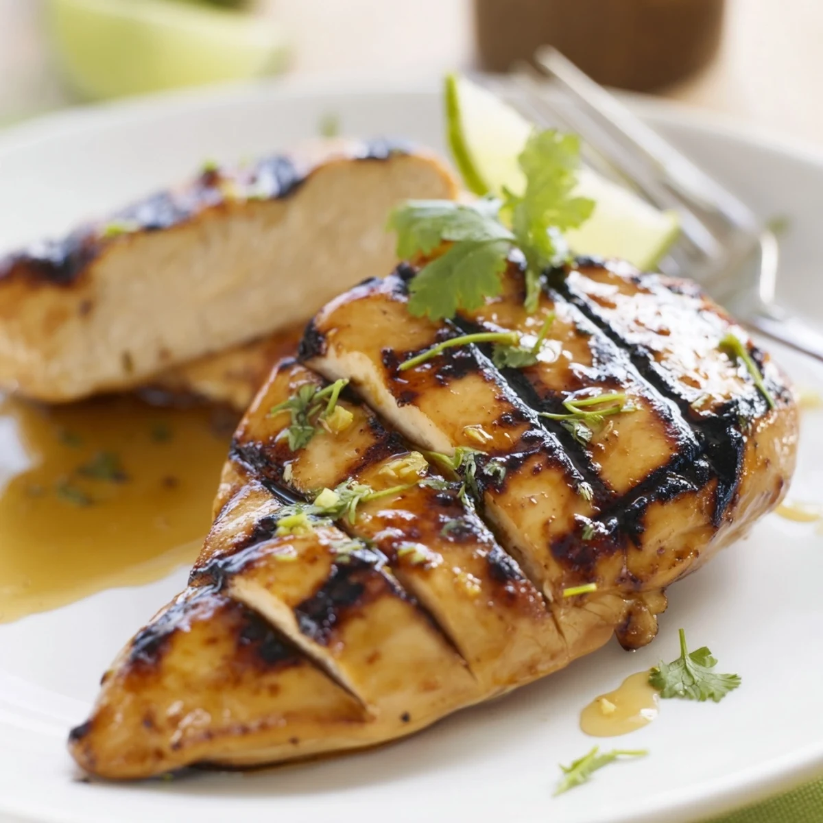 Key West Grilled Chicken With Tropical Citrus Marinade resting, juicy slices, cilantro garnish