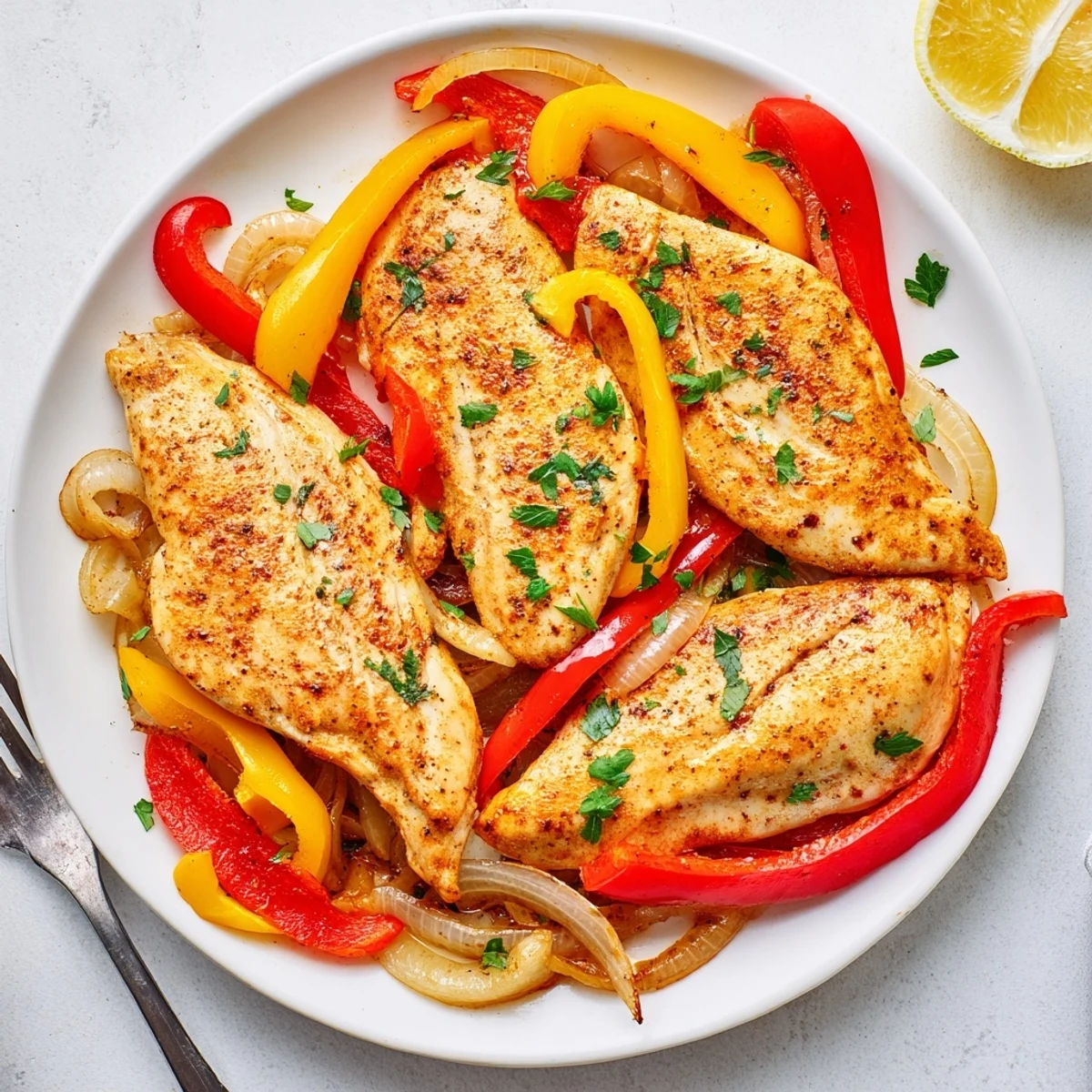 One Pan Chicken And Peppers roasted golden, tender chicken with caramelized bell peppers