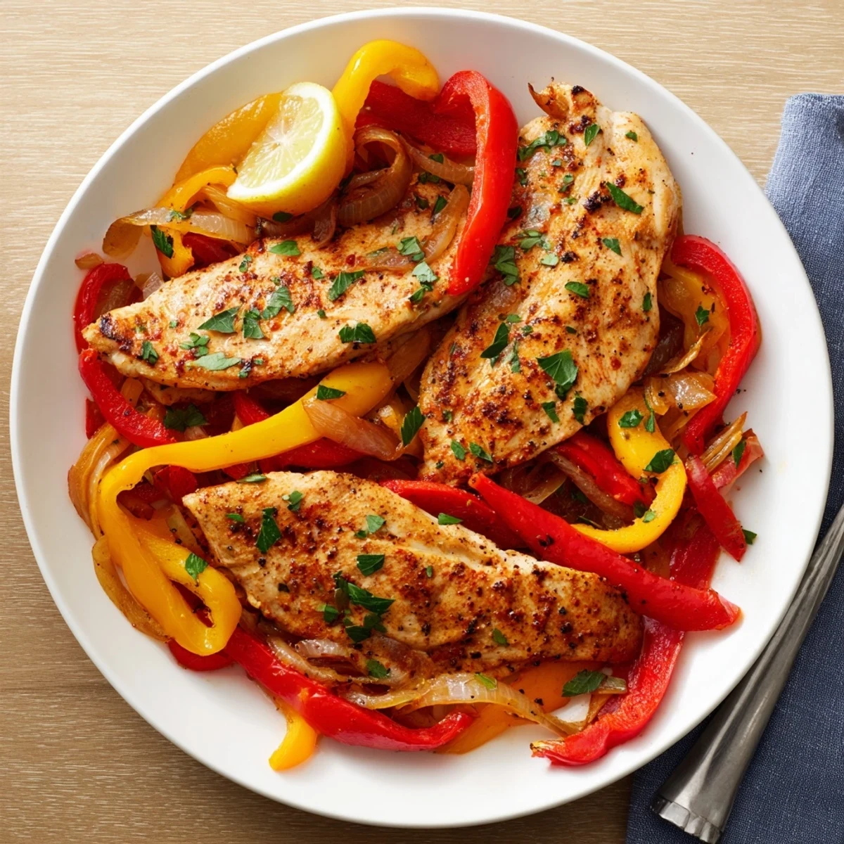 Easy One Pan Chicken And Peppers sizzling in oven, juicy chicken, vibrant peppers