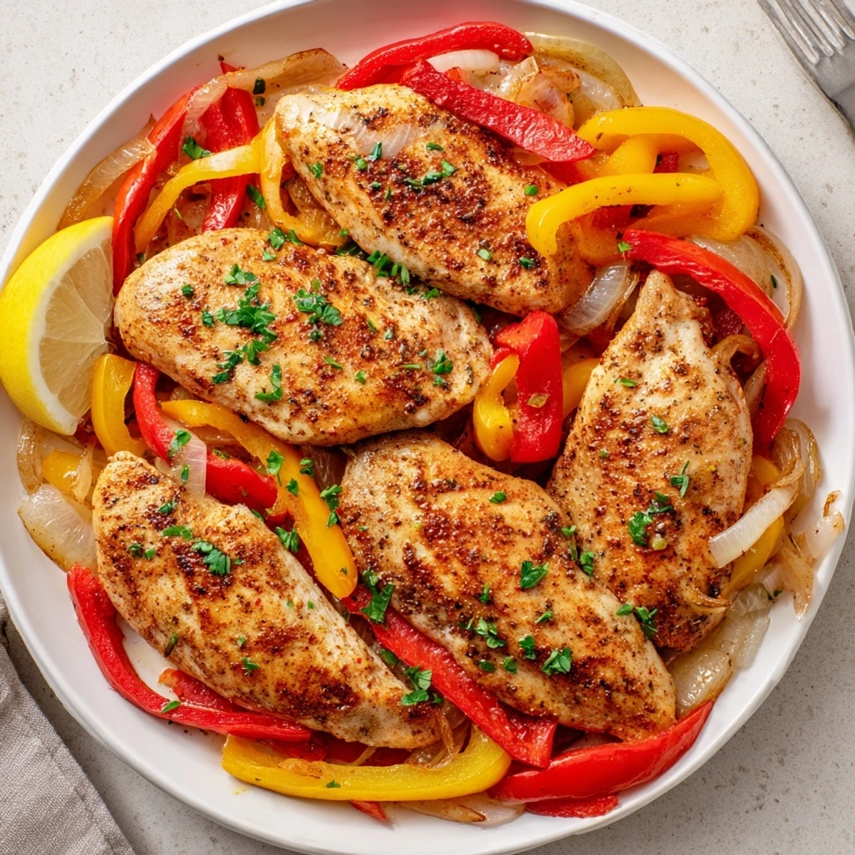 Skillet One Pan Chicken And Peppers served with lemon wedges and chopped parsley