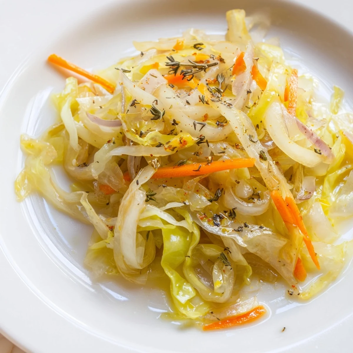 Savory Braised Cabbage Recipe showing tender wilted cabbage in steaming Dutch oven
