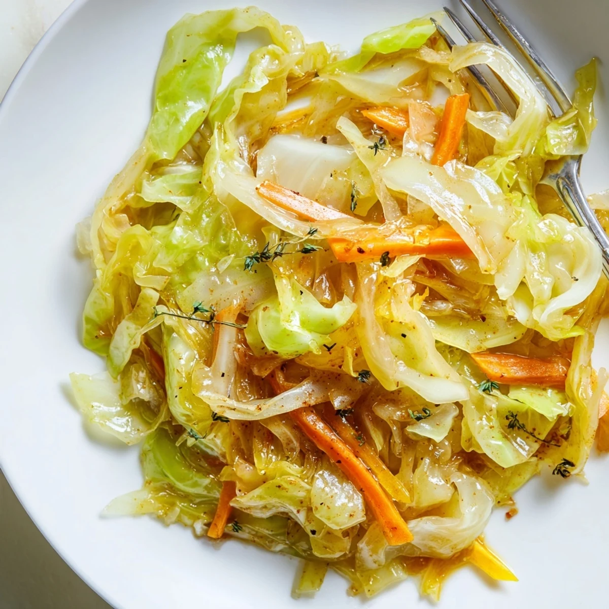 Aromatic Savory Braised Cabbage Recipe plated with crusty bread, warm golden juices