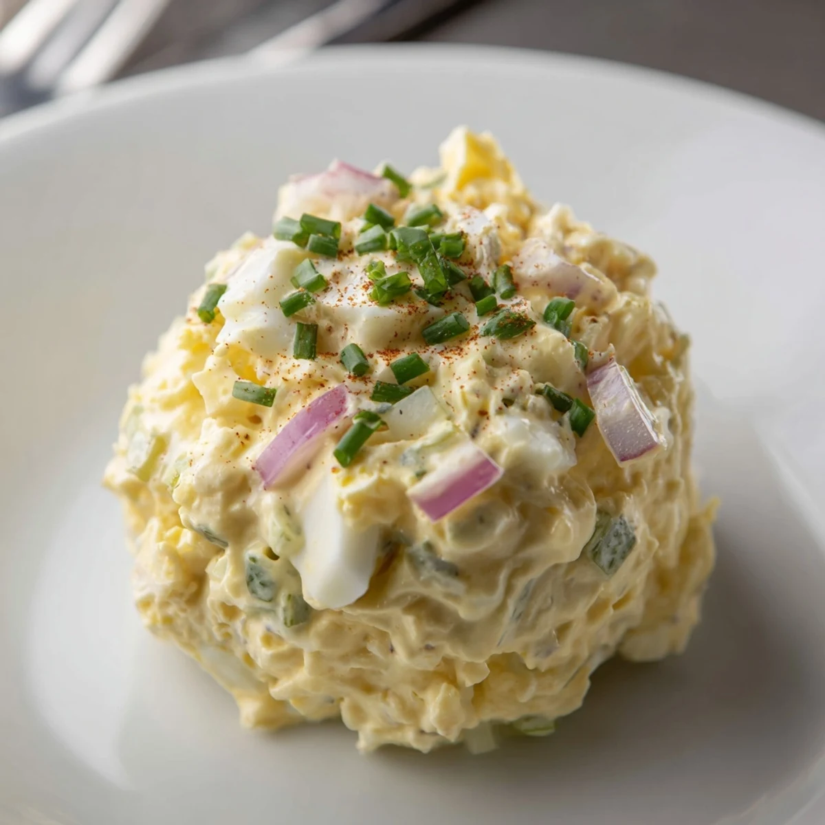 Forkful of Classic Egg Salad with crunchy celery, paprika, and fresh chives.