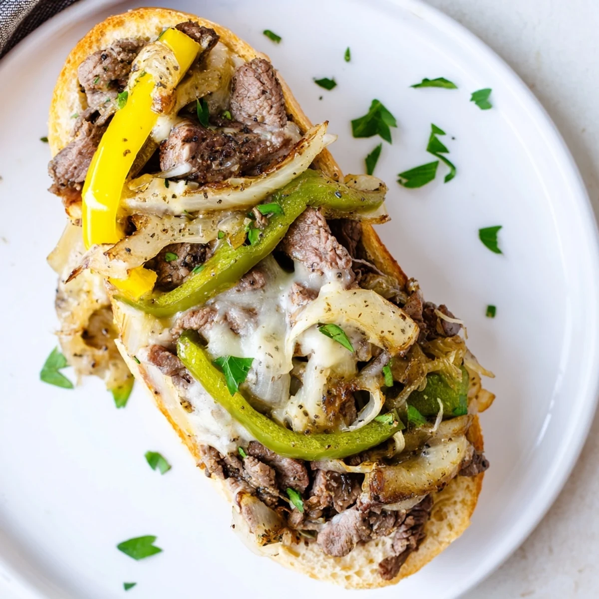 Toasted Philly Cheesesteak Garlic Bread stacked on parchment, oozing gooey cheese