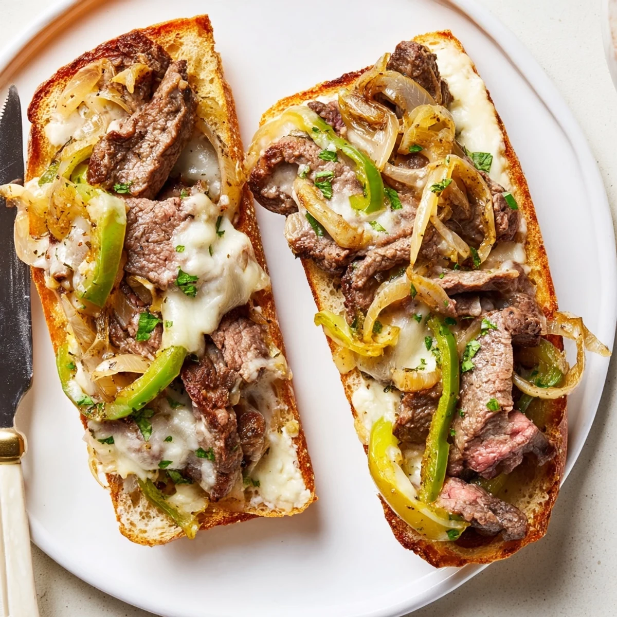 Philly Cheesesteak Garlic Bread with melted provolone, sizzling steak, and charred peppers