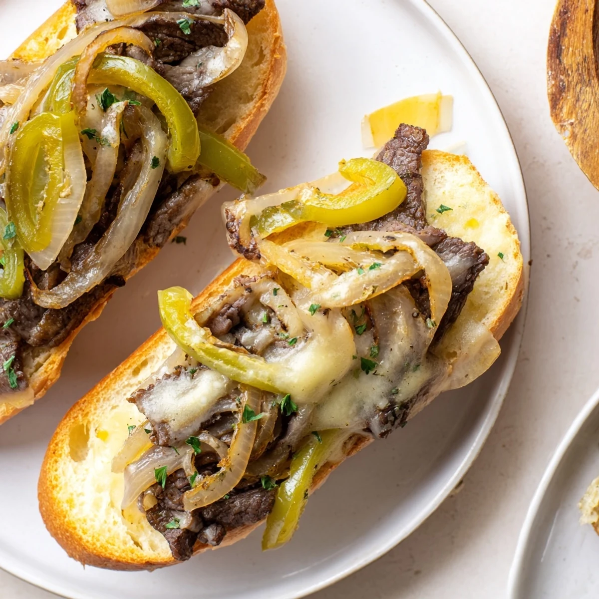 Warm Philly Cheesesteak Garlic Bread topped with sauteed onions, ready to slice