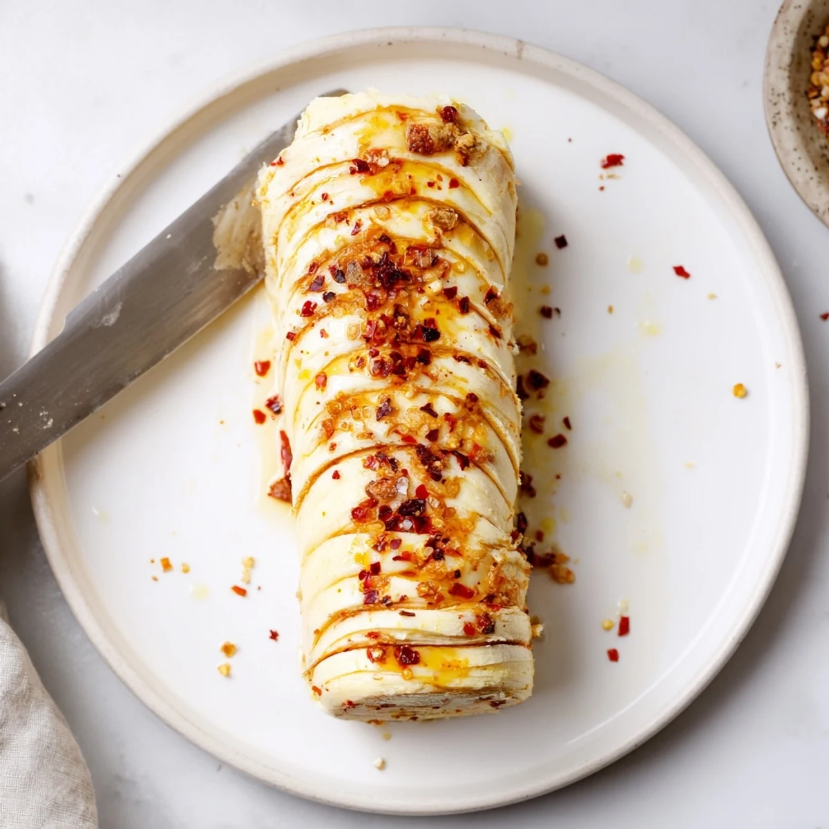 Creamy Sweet Spicy Honey Butter log topped with chili flakes, savory-sweet aroma