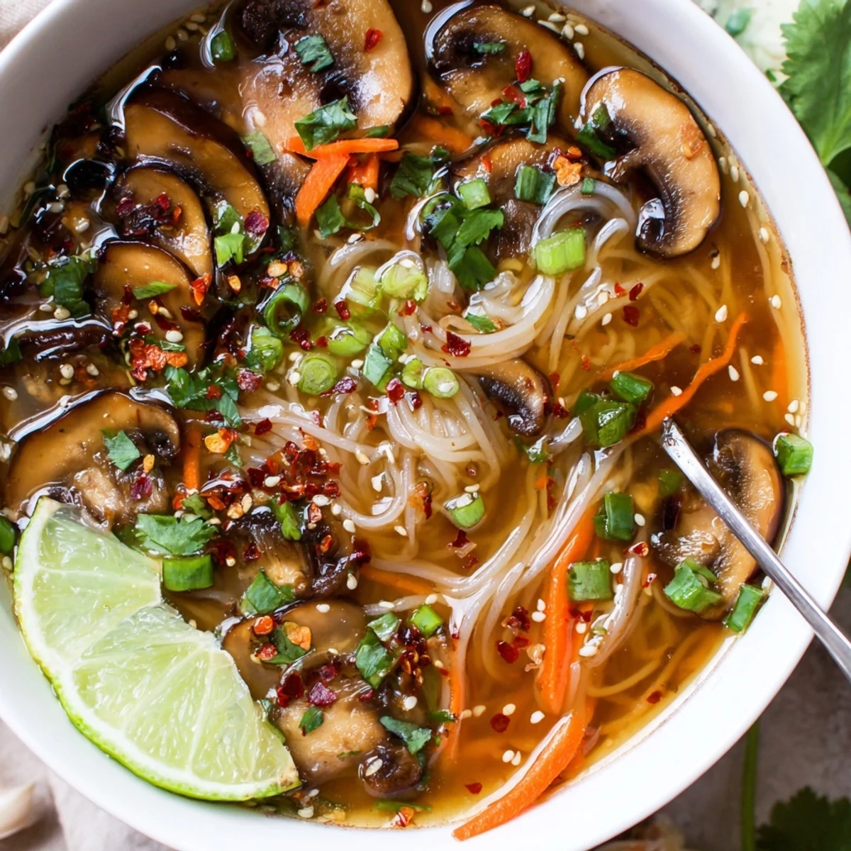 Steaming bowl of Cozy Ginger Garlic Mushroom Noodle Soup with lime wedge  