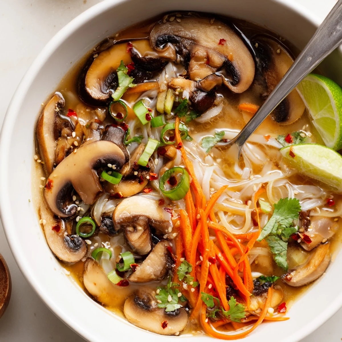Cozy Ginger Garlic Mushroom Noodle Soup drizzled with sesame oil and green onions