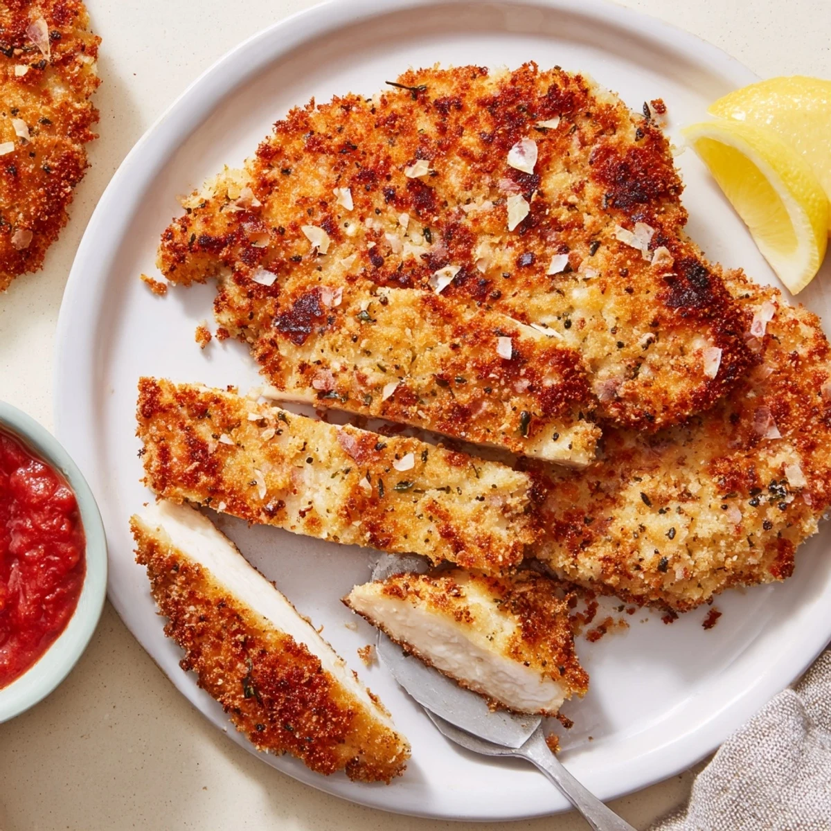 Crispy Parmesan Chicken sitting on plate, golden crust and juicy interior