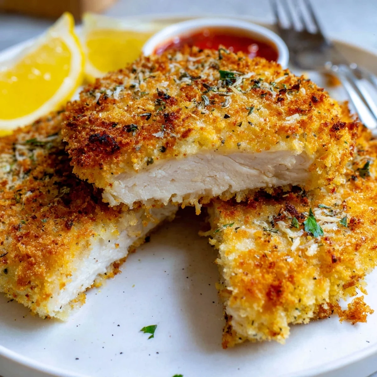 Sliced Crispy Parmesan Chicken garnished with lemon wedges, ready for dinner
