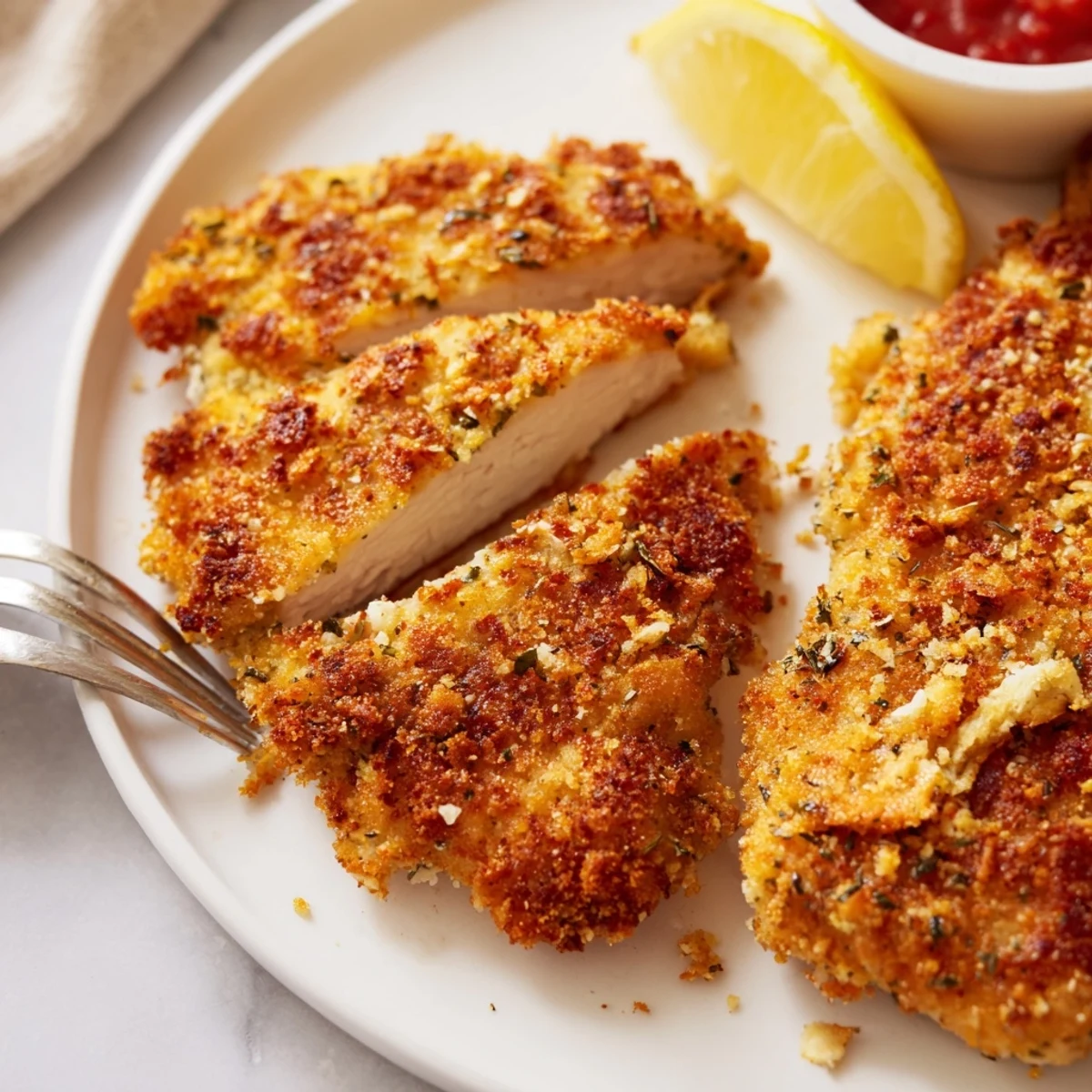 Crispy Parmesan Chicken served over mixed greens with marinara and herbs