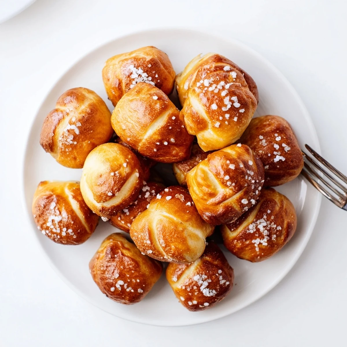Golden homemade soft pretzel bites sprinkled with coarse sea salt on a wooden board