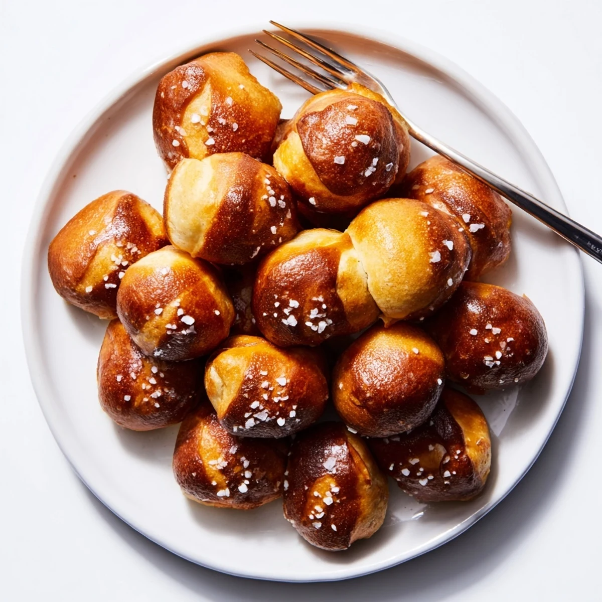 Warm chewy pretzel bites arranged on a baking sheet fresh from the oven