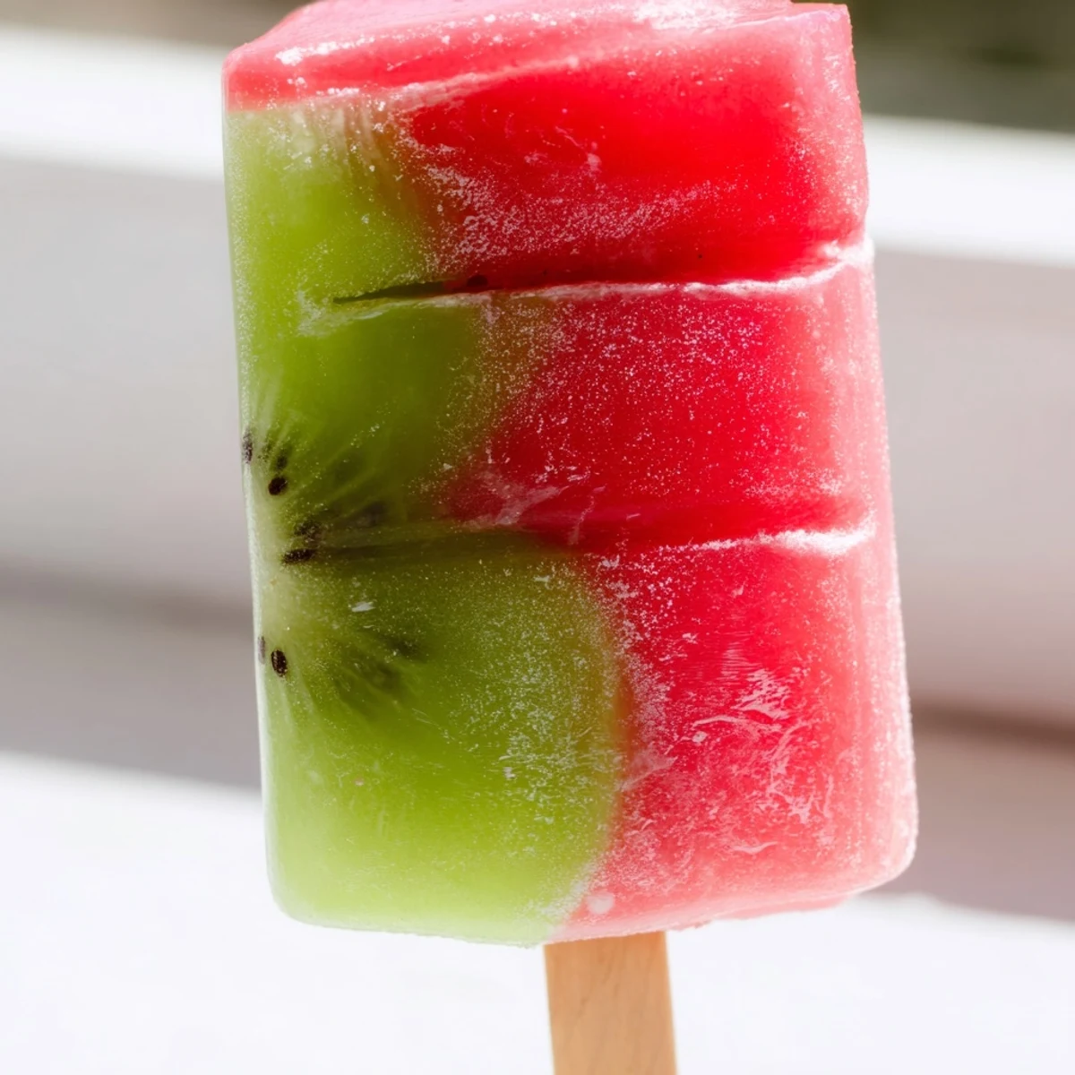 Watermelon kiwi fruit pops display vibrant green and red layers frozen in popsicle molds