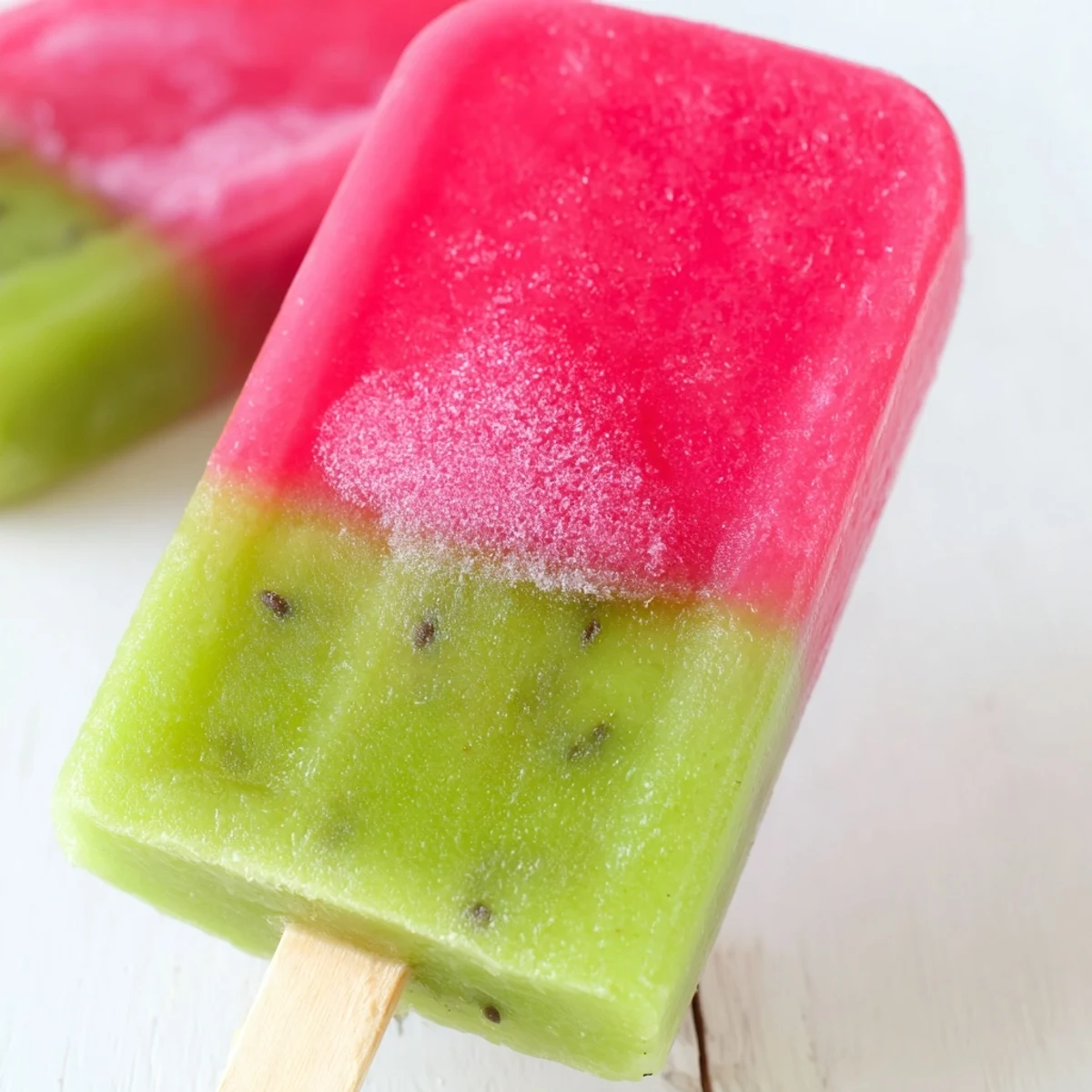 Homemade watermelon kiwi fruit pops showcase two colorful frozen fruit layers ready to enjoy