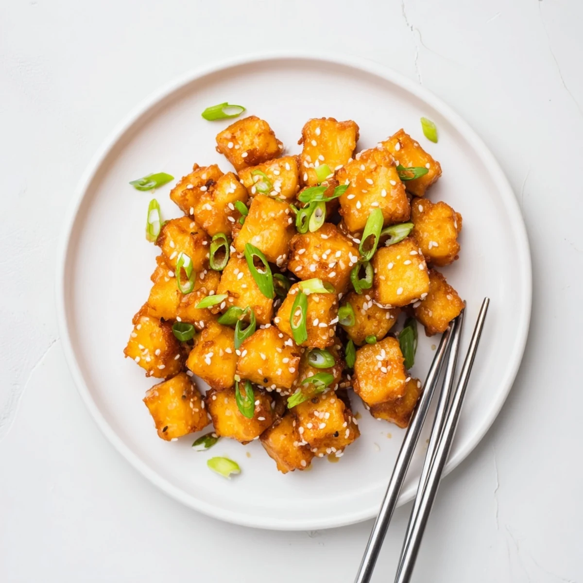 Crispy honey garlic tofu served with green onions and sesame seed garnish