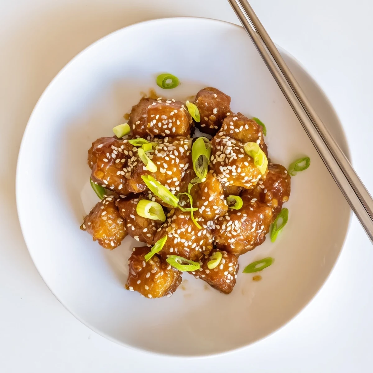 Golden crispy honey garlic tofu cubes glazed in sticky sweet savory sauce
