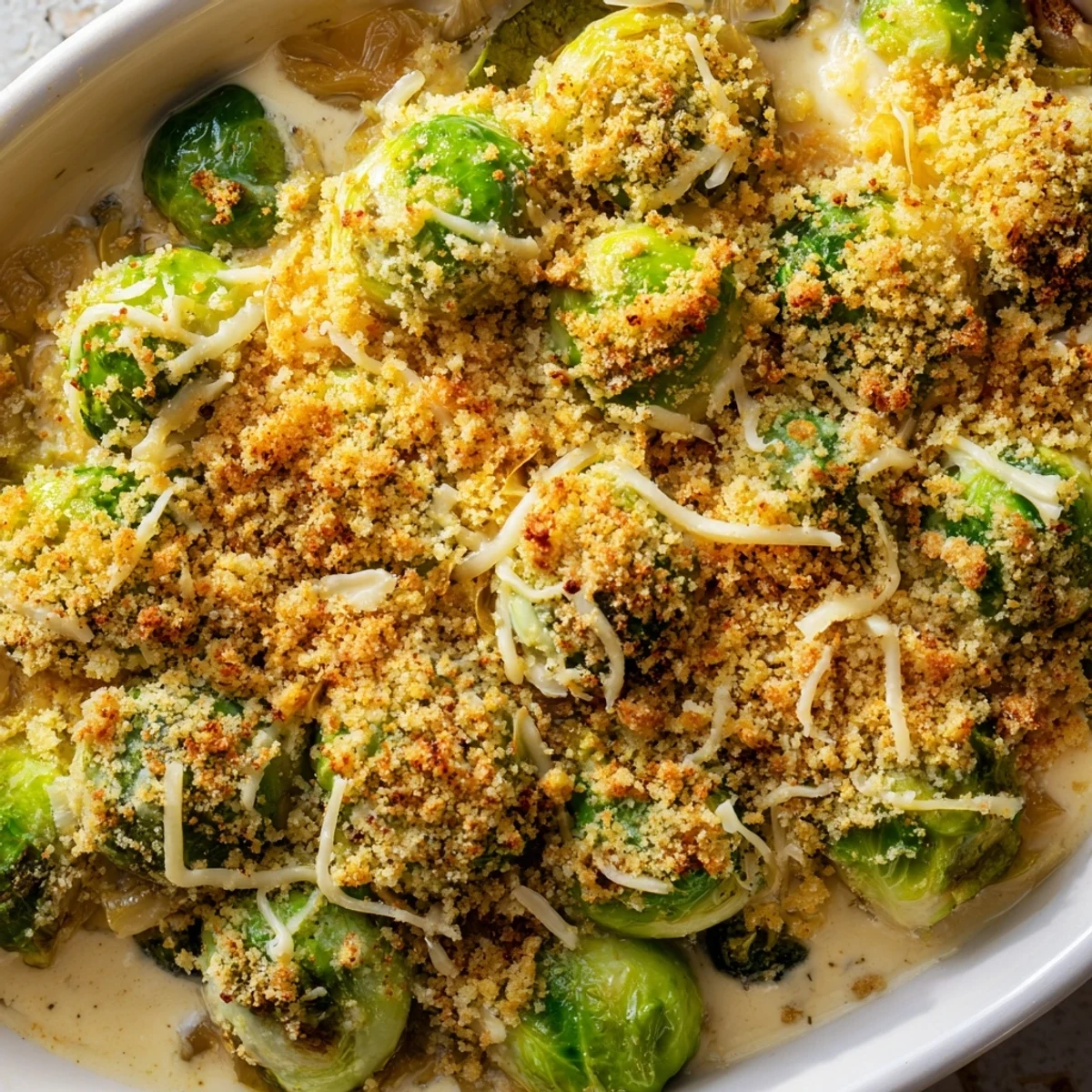 Golden bubbling Parmesan Brussels sprouts casserole with crispy breadcrumb topping fresh from oven