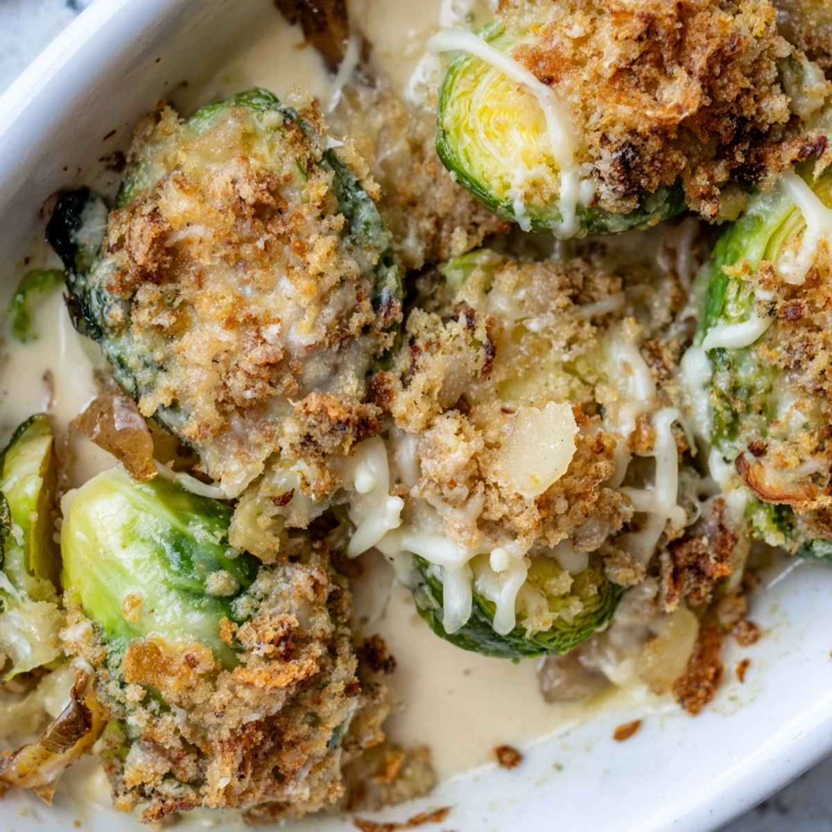 Tender halved Brussels sprouts swimming in rich creamy cheese sauce baked until golden