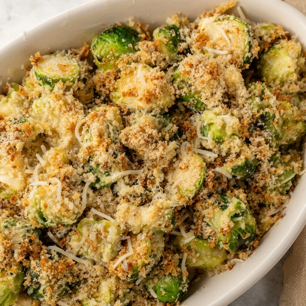 Creamy Parmesan Brussels sprouts casserole topped with melted mozzarella and buttery panko crumbs