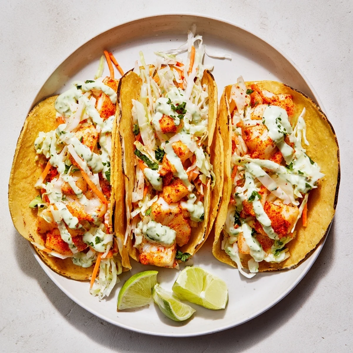 Baked cod fish tacos topped with crunchy cabbage slaw and drizzled with zesty cilantro lime sauce