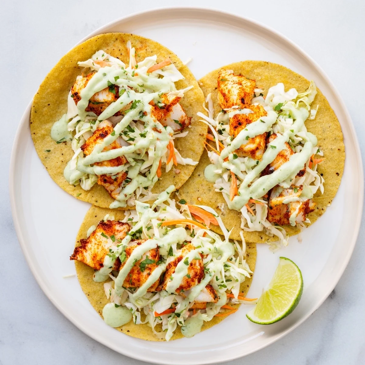 Warm corn tortillas filled with flaky baked cod and creamy cilantro lime sauce for easy weeknight dinners