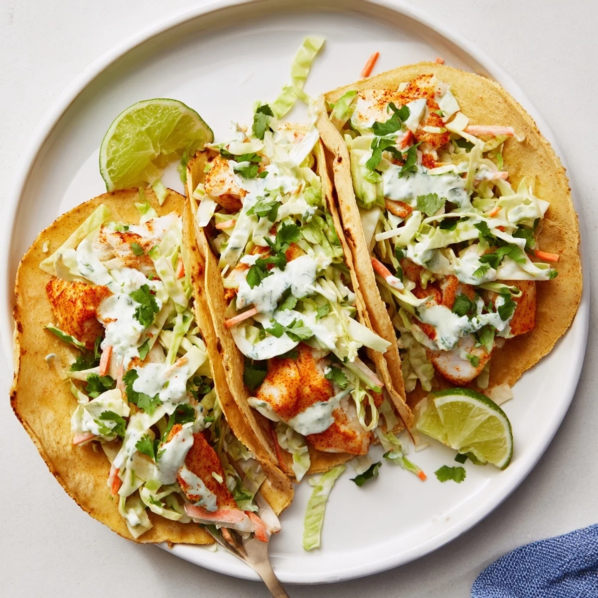 Golden baked cod fish tacos assembled with fresh slaw and garnished with lime wedges and extra cilantro