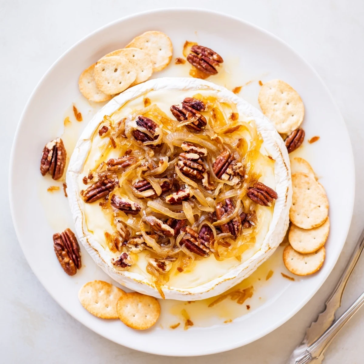 Golden wheel of baked brie with caramelized onions and toasted pecans