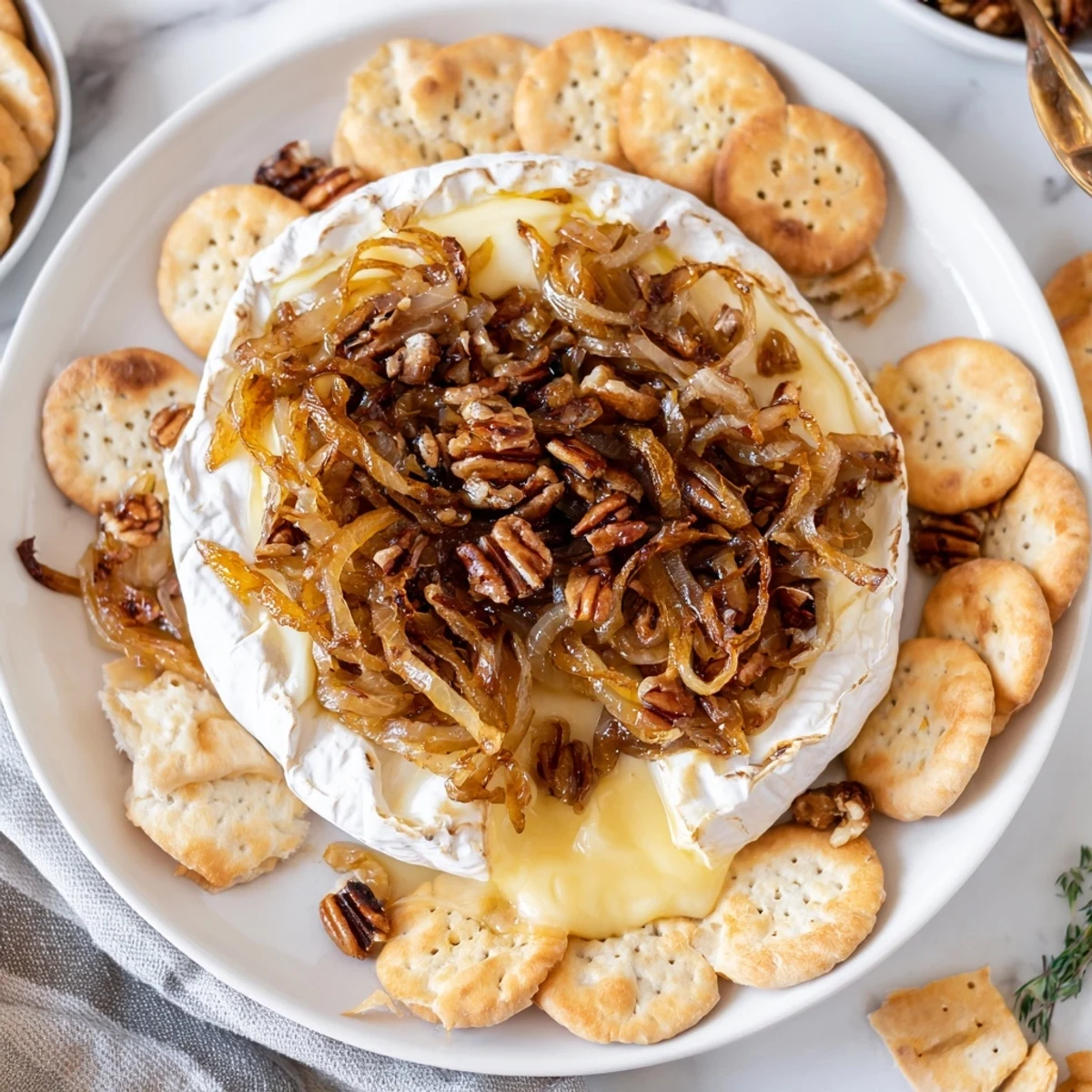 Creamy baked brie topped with sweet onions and crunchy pecans