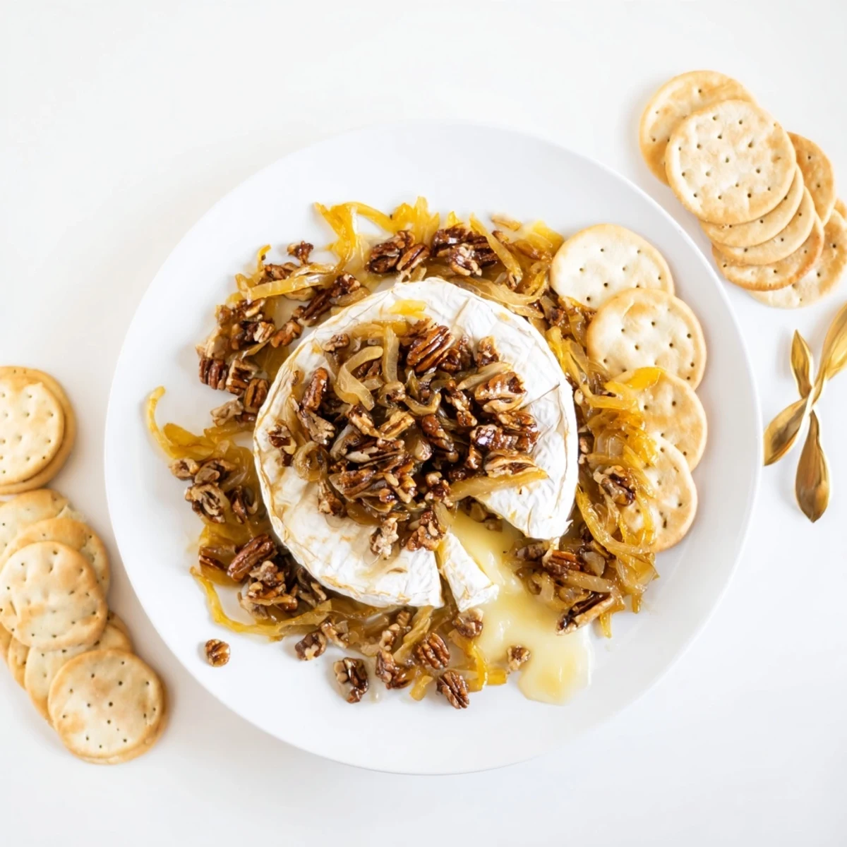 Gooey melted baked brie with golden onions and pecans on serving board