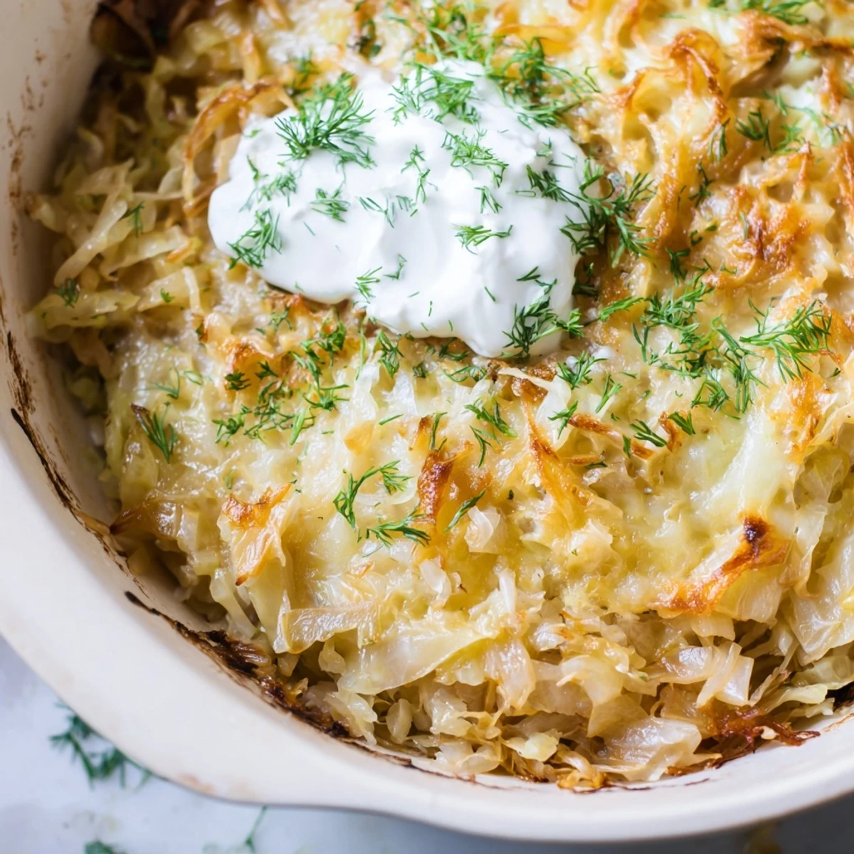 Hearty German-style slow roasted cabbage and sauerkraut casserole sprinkled with fresh dill