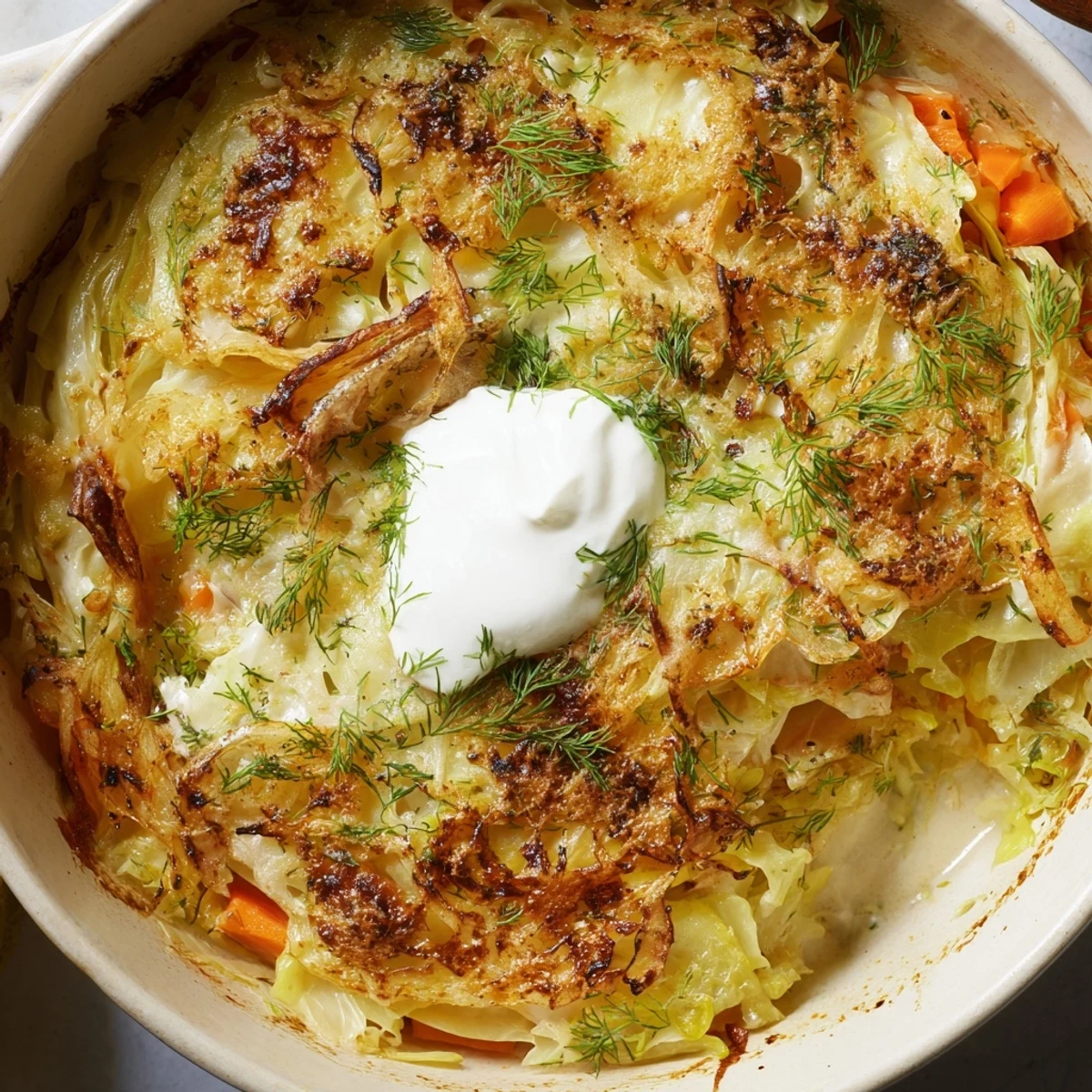 Golden bubbling slow roasted cabbage and sauerkraut casserole with melted cheese topping