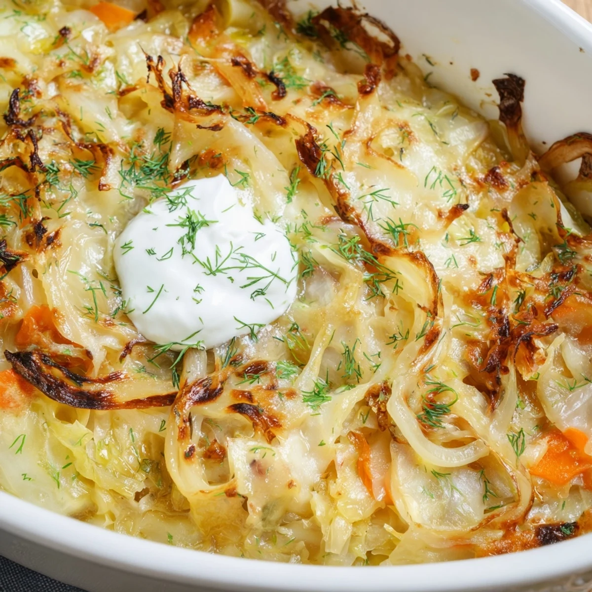 Rustic slow roasted cabbage and sauerkraut casserole served in a deep baking dish
