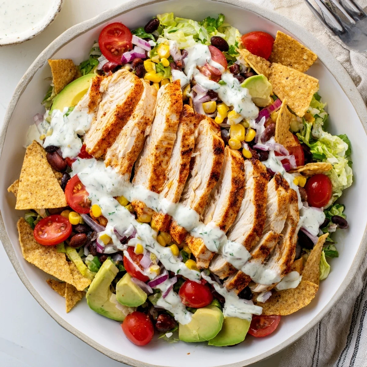 Bowl of Spicy Southwest Salad With Spicy Ranch Dressing, smoky chicken and corn.