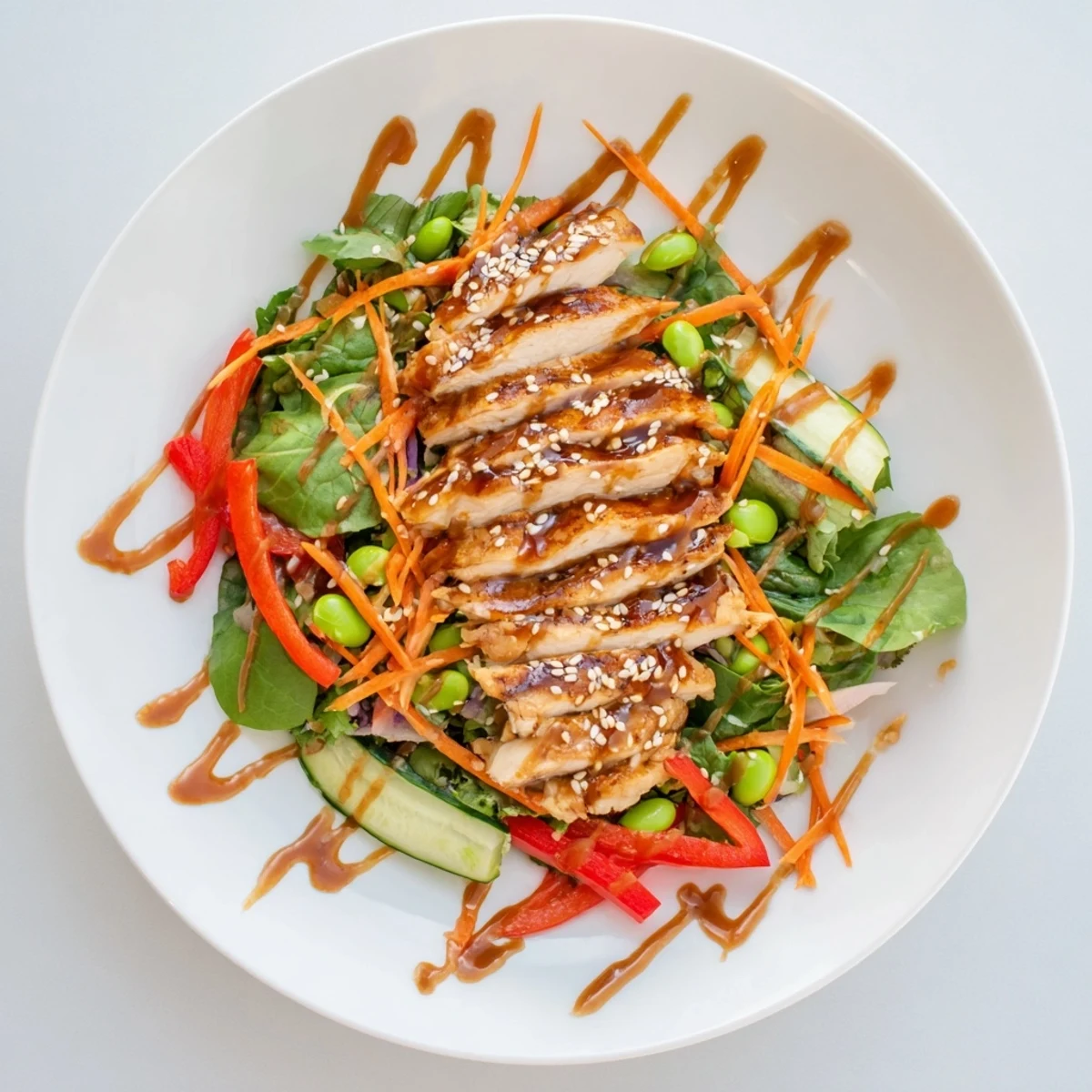 Bright bowl of mixed greens topped with Sesame Chicken Salad and toasted seeds.