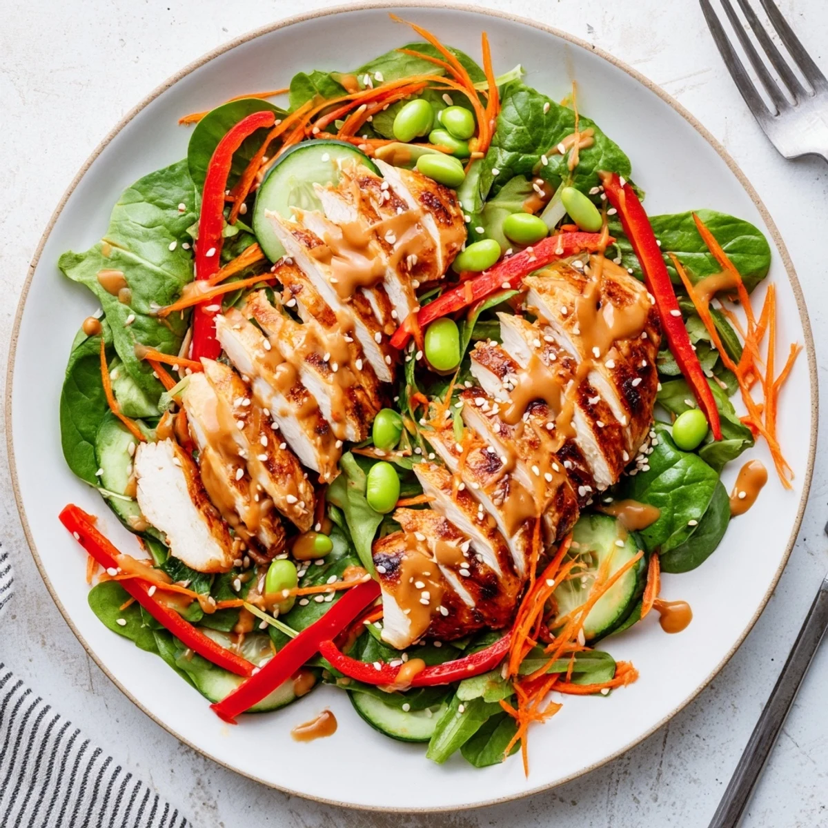 Sesame Chicken Salad featuring sliced sesame glazed chicken, crunchy vegetables, tangy dressing.