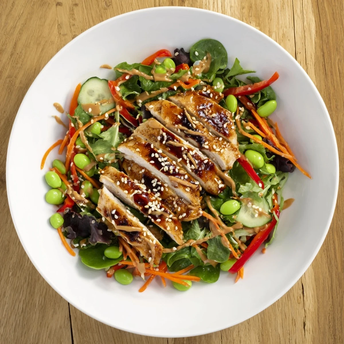 Grilled, tender chicken over crisp vegetables, drizzled with sesame dressing: Sesame Chicken Salad.