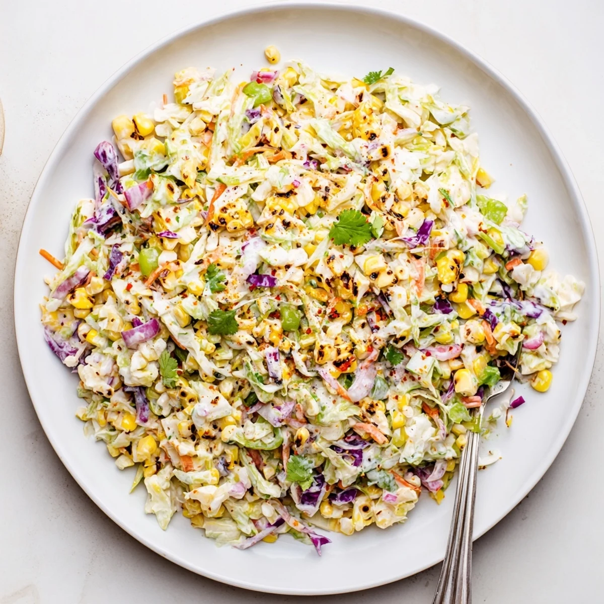 Mexican Corn Coleslaw with charred corn, crisp cabbage, zesty lime dressing.
